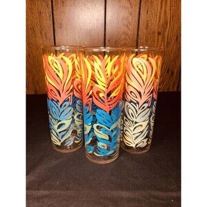 Highball Art Deco Glasses Set Of 4 Blue Green Yellow Orange Feather Damaged 7”